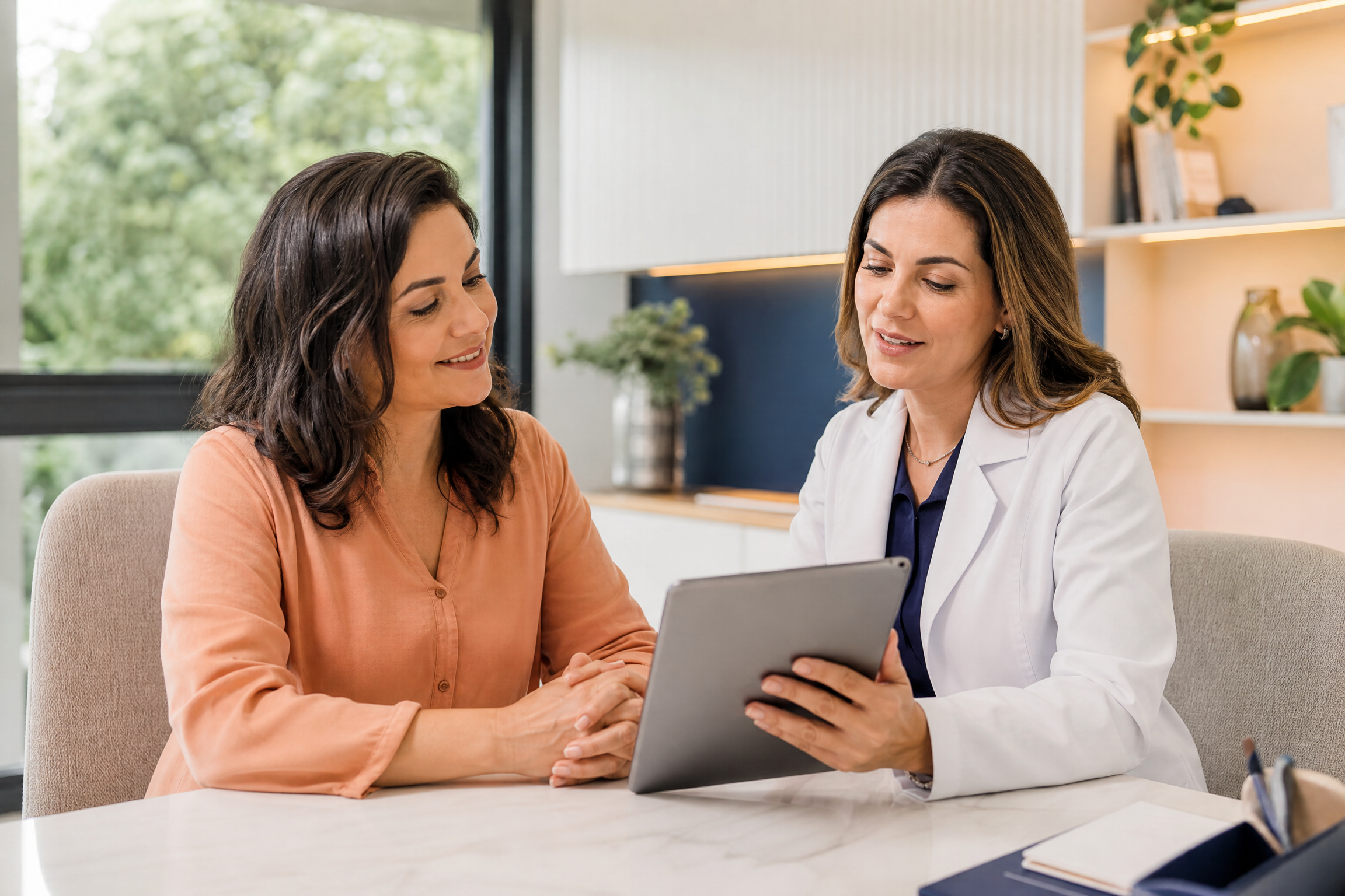 Médica e paciente conversando sobre um plano de tratamento em consulta