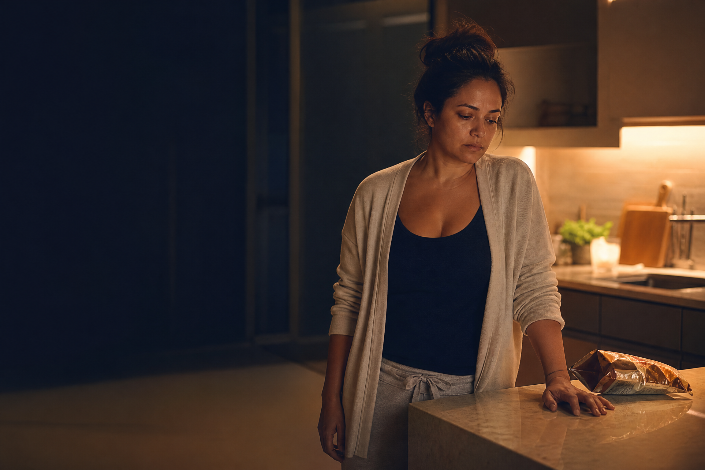 Mulher em uma cozinha à noite, cansada e pensativa diante da comida